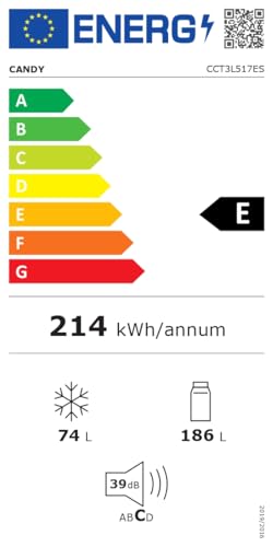 Candy CCT3L517ES, Frigorifero Combi, 55 cm, Altezza 1,77 m, 260 l, Low Frost, Funzione SuperCool, Cassetto Verdure, Controllo elettronico interno, LED, Porte Reversibili, 39 dB, Silver