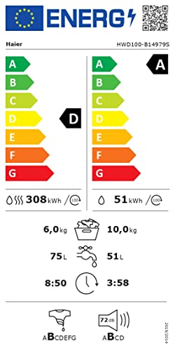 Haier I-PRO SERIES 7 - HWD100-B14979 - Lavatrice asciugatrice 10 kg + 6 kg di asciugatura, 1400 giri/min, motore Direct Motion, tamburo XXL con LED, antibatterici, i-Refresh, Antimacchia, 55 dba,
