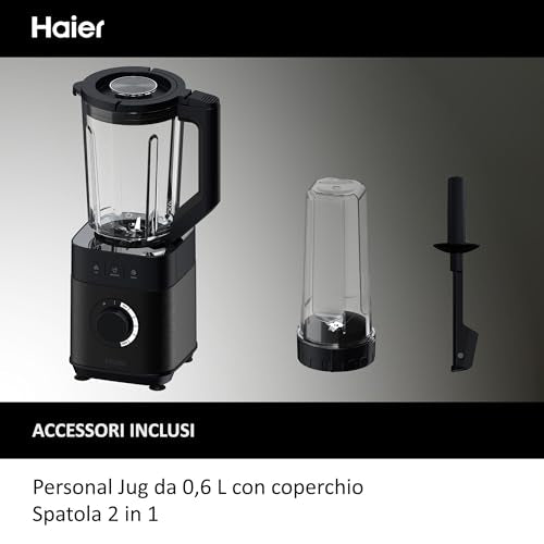 Haier Frullatore I-Master Serie 5, Funzione Ice Crush, Smoothie, 5 velocità variabili, pulizia automatica, caraffa in vetro da 1,7 L, Personal Jug 0,6 1200 W [Nero]