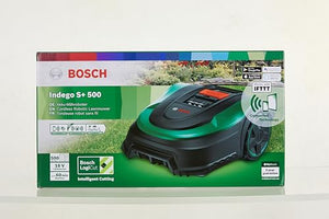Bosch Home and Garden Indego S+ 500 robot lawnmower (with 18V battery and app function, charging station included, cutting width 19 cm, for lawns up to 500 m², in box), black, green