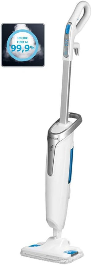 Rowenta RY6557 Steam Power Lavapavimenti Pulisce e Lava Senza necessità di detergenti, Riscaldamento in 30 Secondi, 3 Impostazioni di Vapore, 1200 W, Acciaio Inossidabile, Bianco e Blu