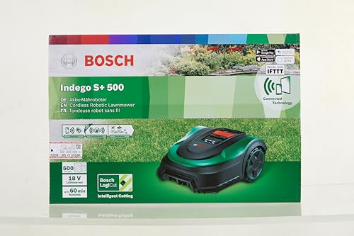 Bosch Home and Garden Indego S+ 500 robot lawnmower (with 18V battery and app function, charging station included, cutting width 19 cm, for lawns up to 500 m², in box), black, green