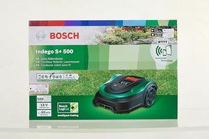 Bosch Home and Garden Indego S+ 500 robot lawnmower (with 18V battery and app function, charging station included, cutting width 19 cm, for lawns up to 500 m², in box), black, green