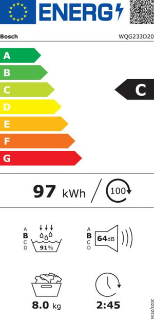 Bosch WQG233D20 - Asciugatrice a pompa di calore per 8 kg, serie 6, A+++, 176 kWh/anno, design anti-vibrazione, sistema di asciugatura sensibile, refrigerante ecologico, bianco, WQG233D20