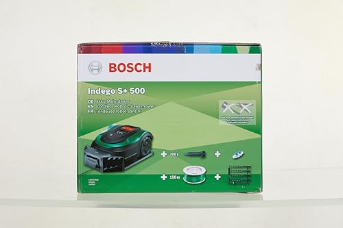 Bosch Home and Garden Indego S+ 500 robot lawnmower (with 18V battery and app function, charging station included, cutting width 19 cm, for lawns up to 500 m², in box), black, green