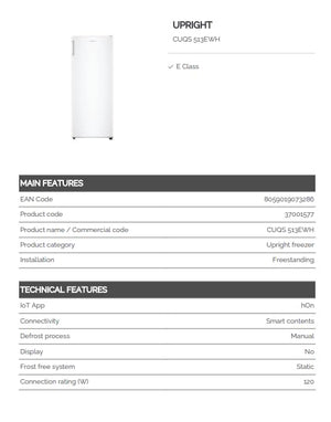 Candy, Upright, CUQS 513EWH, Congelatore, Libera Installazione, 163 Litri, 38 dB, Bianco, AxLxP 138x54,5x56,5 cm [Classe di efficienza energetica E]