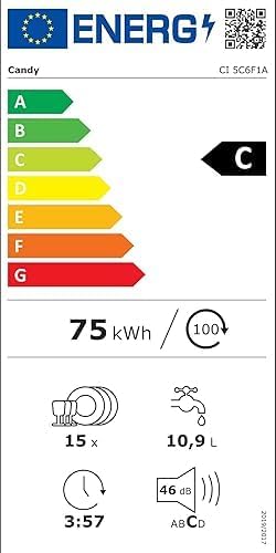 Candy Rapido' Lavastoviglie da Incasso 60 cm, 15 Coperti, 8 Programmi, Wi-Fi + BLE, App hOn, Smart Door, Partenza Ritardata 24h, Motore Inverter, Classe C, 59,7 x 55,5 x 81,8 cm, Bianca - CI 5C6F1A
