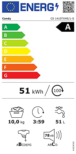 Candy Smart Inverter Lavatrice 10 kg, Libera Installazione, Carica Frontale, Classe A, 1400 Giri, 16 Programmi, Cicli Rapidi, Partenza Ritardata, 60 x 58 x 85 cm, Bianca - CS 1410TXME/1-S