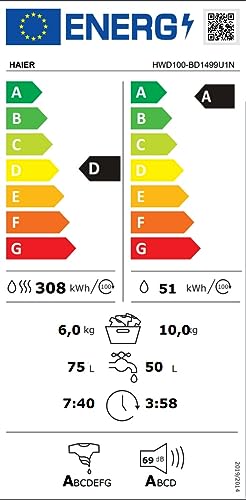 Haier Super Drum Serie 9 Lavasciuga 10+6 Kg, Libera Installazione, 1400 Giri, Classe A/D, Wi-Fi, Controllo App hOn, Avvio Programmabile, Smart Dosing, 65,7 x 70x 99 cm, Bianca - HWD100-BD1499U1N/I
