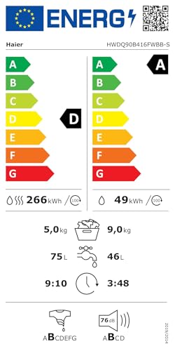 Haier Serie 4 HWDQ90B416FWBB-S - Lavasciuga da incasso, 9 kg di lavaggio, 5 kg di asciugatura/motore inverter, lavaggio extra asciutto grazie a 1.600 giri/min. Funzione lavaggio a vapore/protezione
