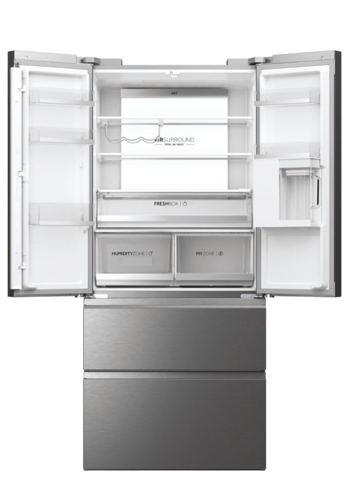 Haier HFW7819EWMP - Frigorifero congelatore, porta francese/fronte in acciaio inox, 539 litri, MyZone Plus/Humidity Zone/distributore d'acqua, Smart Home