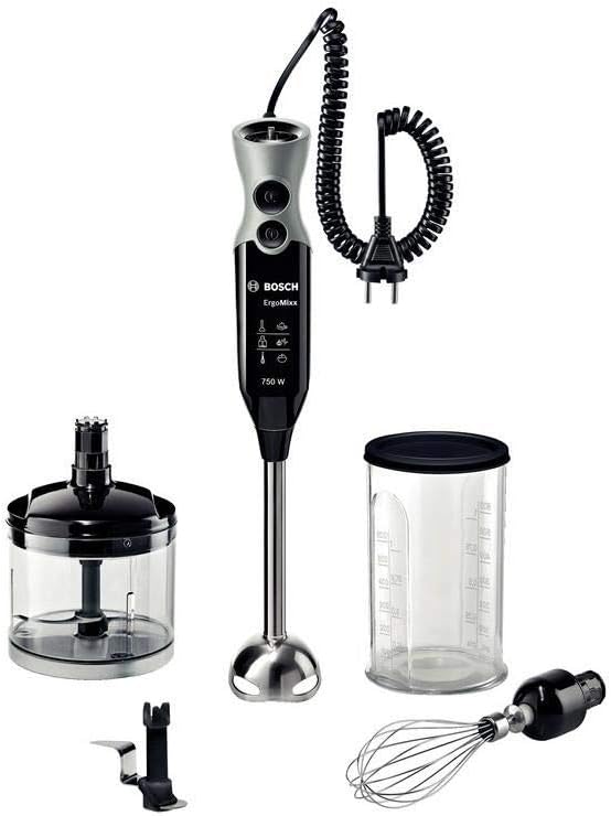 Bosch ErgoMixx Hand Blender - Frullatore a Immersione Portatile, 750 W, 12 Velocità, Lama a 4 Ali, Bicchiere Graduato, Mini Tritatutto, Frusta e Lame Tritaghiaccio in Acciaio Inox