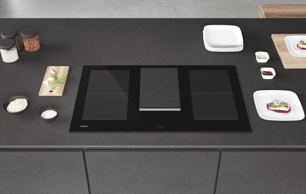 Haier Serie 6 HAIH8IFMCF - Piano cottura a induzione con cappa, 80 cm, funzionamento a ricircolo, funzionamento multi-slider, 4 zone con 2 zone flessibili, 9 livelli di potenza, incluso