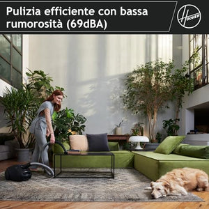 Hoover HP1 potente aspirapolvere senza sacchetto per pavimenti duri e tappeti, filtro antipolvere EPA, grande contenitore 2L, accessori integrati, raggio di lavoro 7,5 m