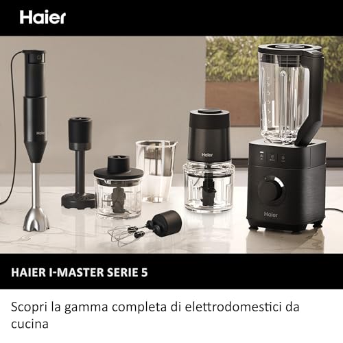 Haier Frullatore I-Master Serie 5, Funzione Ice Crush, Smoothie, 5 velocità variabili, pulizia automatica, caraffa in vetro da 1,7 L, Personal Jug 0,6 1200 W [Nero]