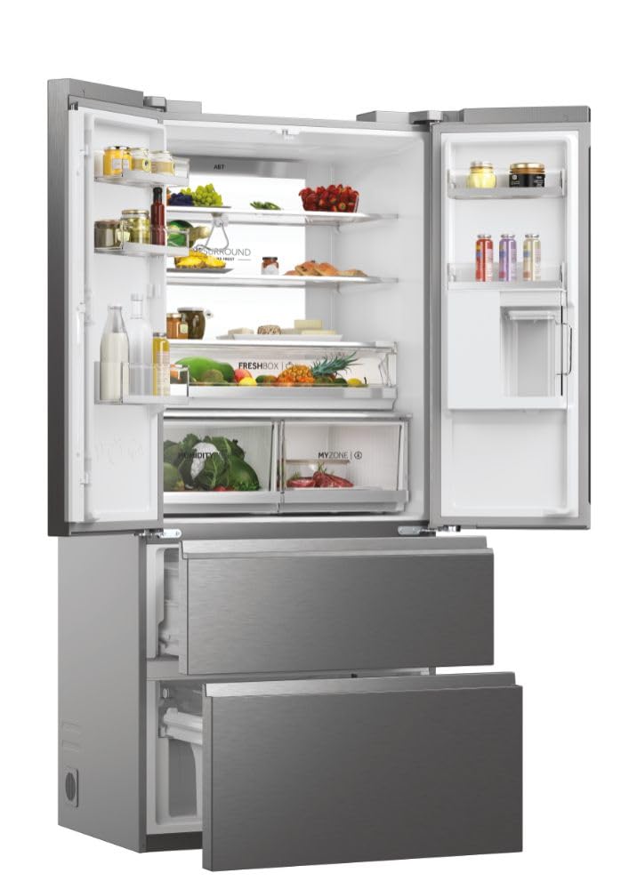 Haier HFW7819EWMP - Frigorifero congelatore, porta francese/fronte in acciaio inox, 539 litri, MyZone Plus/Humidity Zone/distributore d'acqua, Smart Home