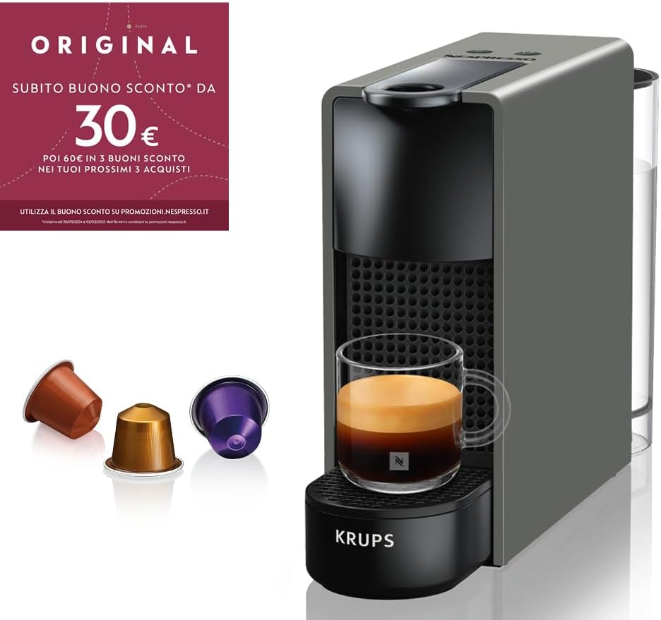 Nespresso Mini macchina da caffè a capsule Krups XN110BRD Essenza | 0,6 L | 19 bar | modalità risparmio energetico | grigio | classe energetica A