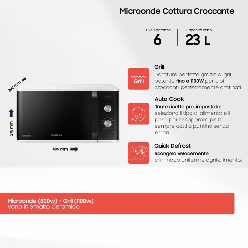 Samsung Forno a Microonde Grill, a libera installazione, Dual Dial MG23K3614AW/ET, Cottura Croccante, AutoDefrost, Microonde + Grill 800 W + 1100 W, 23 L, 49l x 27,5h x 39p cm, Bianco