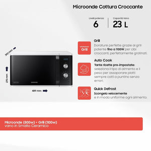 Samsung Forno a Microonde Grill, a libera installazione, Dual Dial MG23K3614AW/ET, Cottura Croccante, AutoDefrost, Microonde + Grill 800 W + 1100 W, 23 L, 49l x 27,5h x 39p cm, Bianco