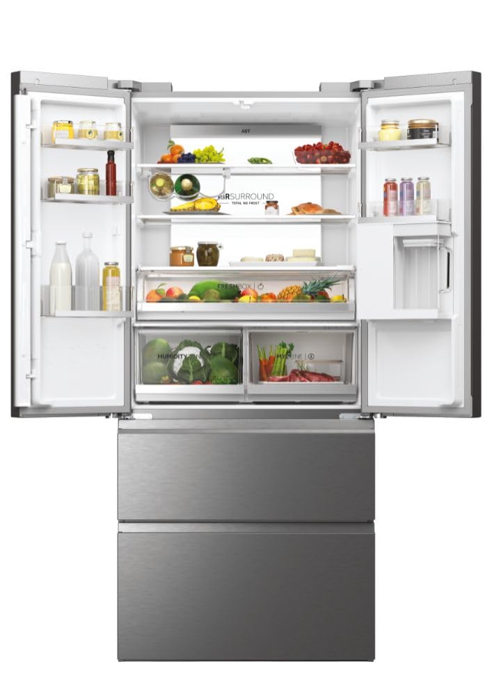 Haier HFW7819EWMP - Frigorifero congelatore, porta francese/fronte in acciaio inox, 539 litri, MyZone Plus/Humidity Zone/distributore d'acqua, Smart Home