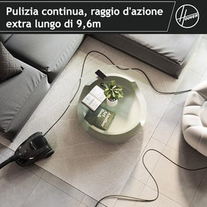 Hoover HP1 potente aspirapolvere senza sacchetto per pavimenti duri e tappeti, filtro antipolvere EPA, grande contenitore 2L, accessori integrati, raggio di lavoro 7,5 m