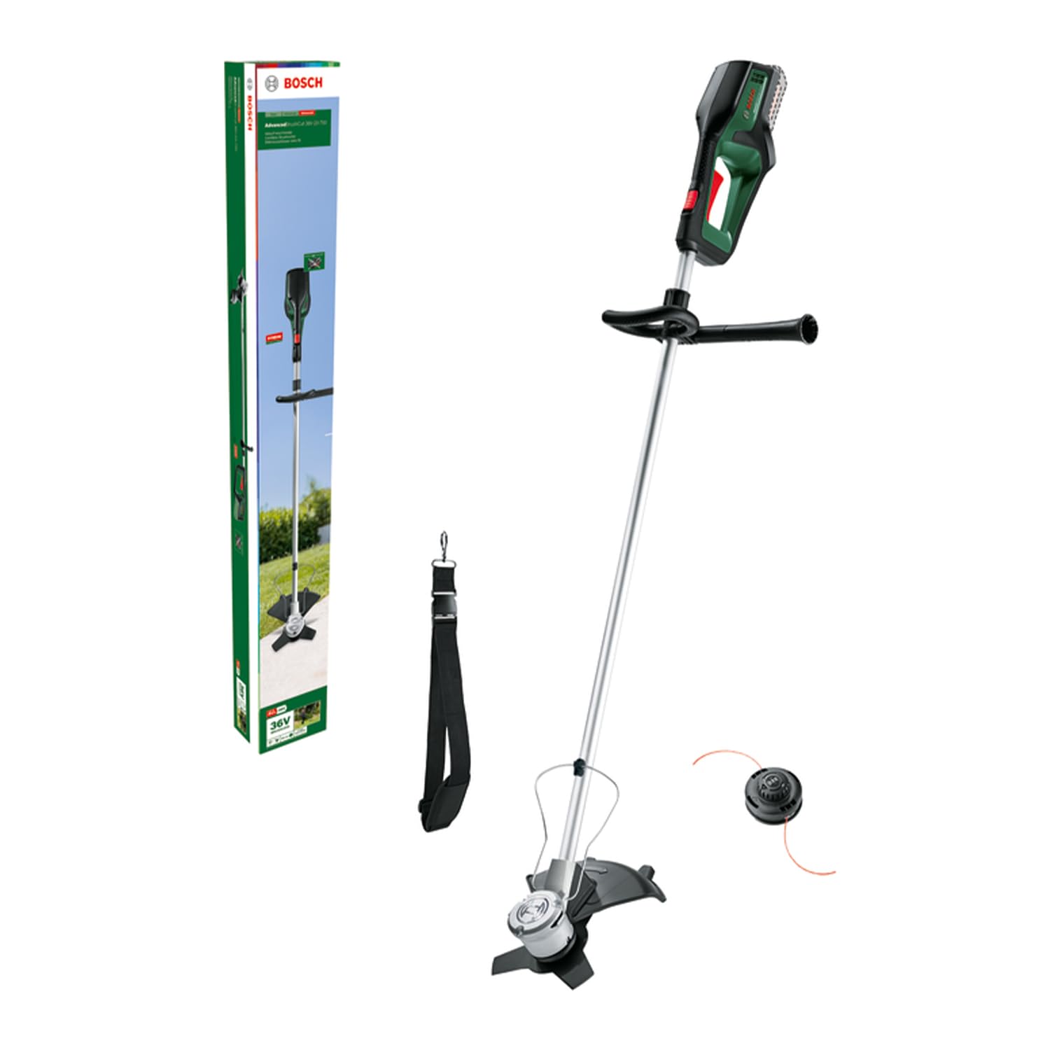 Bosch Decespugliatore AFS 23-37, Lama a 3 taglienti, bobina per fili da taglio, 3 fili da taglio, impugnatura supplementare, cuffia di protezione, confezione in cartone, potenza 1000 Watt