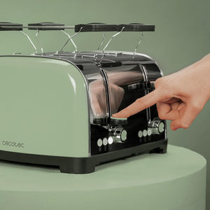 Cecotec Tostapane verticale Toastin' time 1700 Double Green, 1700W, Doppia fessura corta e larga 3,8 cm, Barre superiori, Acciaio Inoss, Spegnimento e Pop-up Automatico, Raccogli-briciole