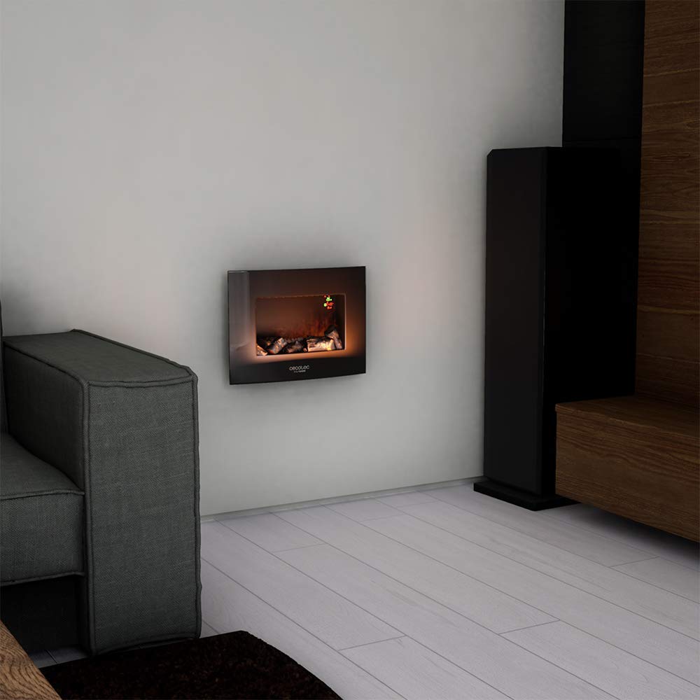 Cecotec Cheminée électrique Ready Warm 2200 Curved Flames. 2000W, 22", 2 niveaux de puissance, 20m2, Télécommande, Panneau curve en verre templé (35", Nero | Telecomando)