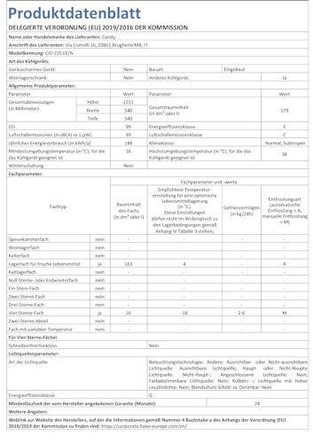 Candy CIO 225 EE/N Frigorifero da incasso con congelatore, porta a traino, 122 cm, 163 litri, frigorifero 147 litri, congelatore 16 litri, 1 cassetto per verdure, 3 ripiani in vetro