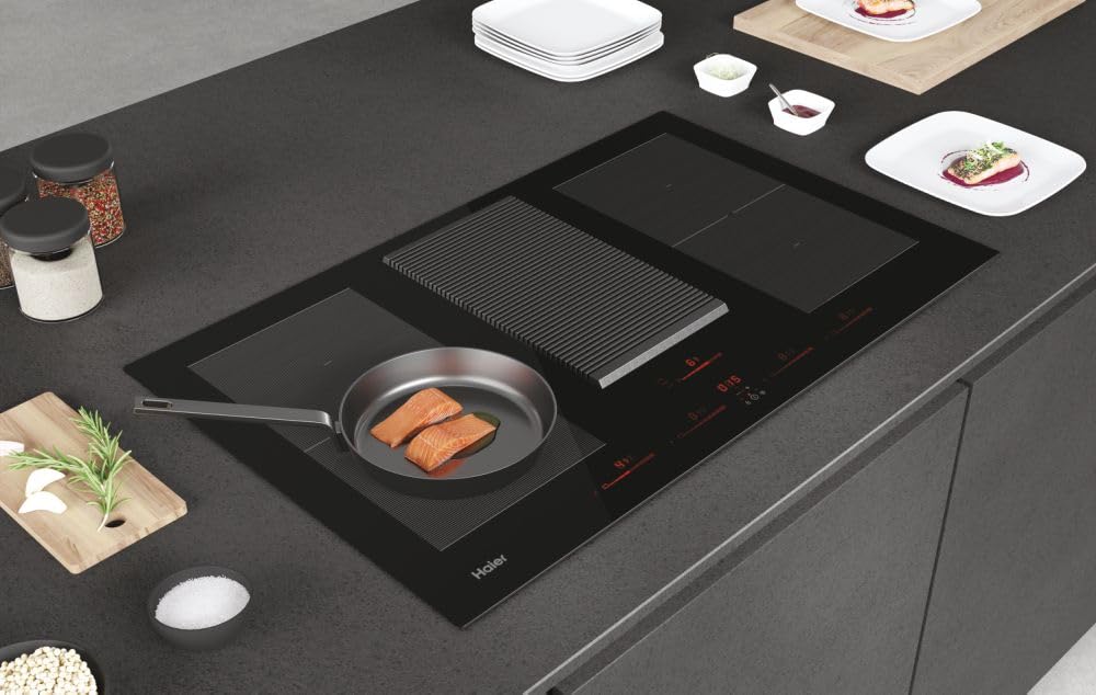 Haier Serie 6 HAIH8IFMCF - Piano cottura a induzione con cappa, 80 cm, funzionamento a ricircolo, funzionamento multi-slider, 4 zone con 2 zone flessibili, 9 livelli di potenza, incluso