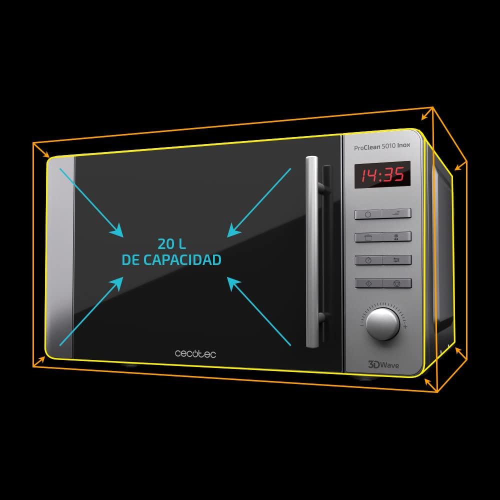 Cecotec Forno a Microonde Proclean 5010 Inox, 20L, Rivestimento Ready2Clean, 700 W, 5 livelli di potenza, Timer 60 min, display a LED, Inox