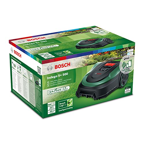 Bosch Home and Garden Indego S+ 500 robot lawnmower (with 18V battery and app function, charging station included, cutting width 19 cm, for lawns up to 500 m², in box), black, green