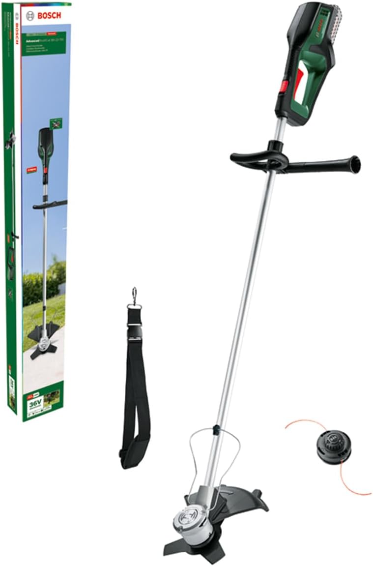 Bosch Decespugliatore a batteria AdvancedBrushCut 36V-23-750 per decespugliamento gravoso, 36 Volt System, diametro di taglio: 33 cm (filo), 23 cm (lama), senza batteria
