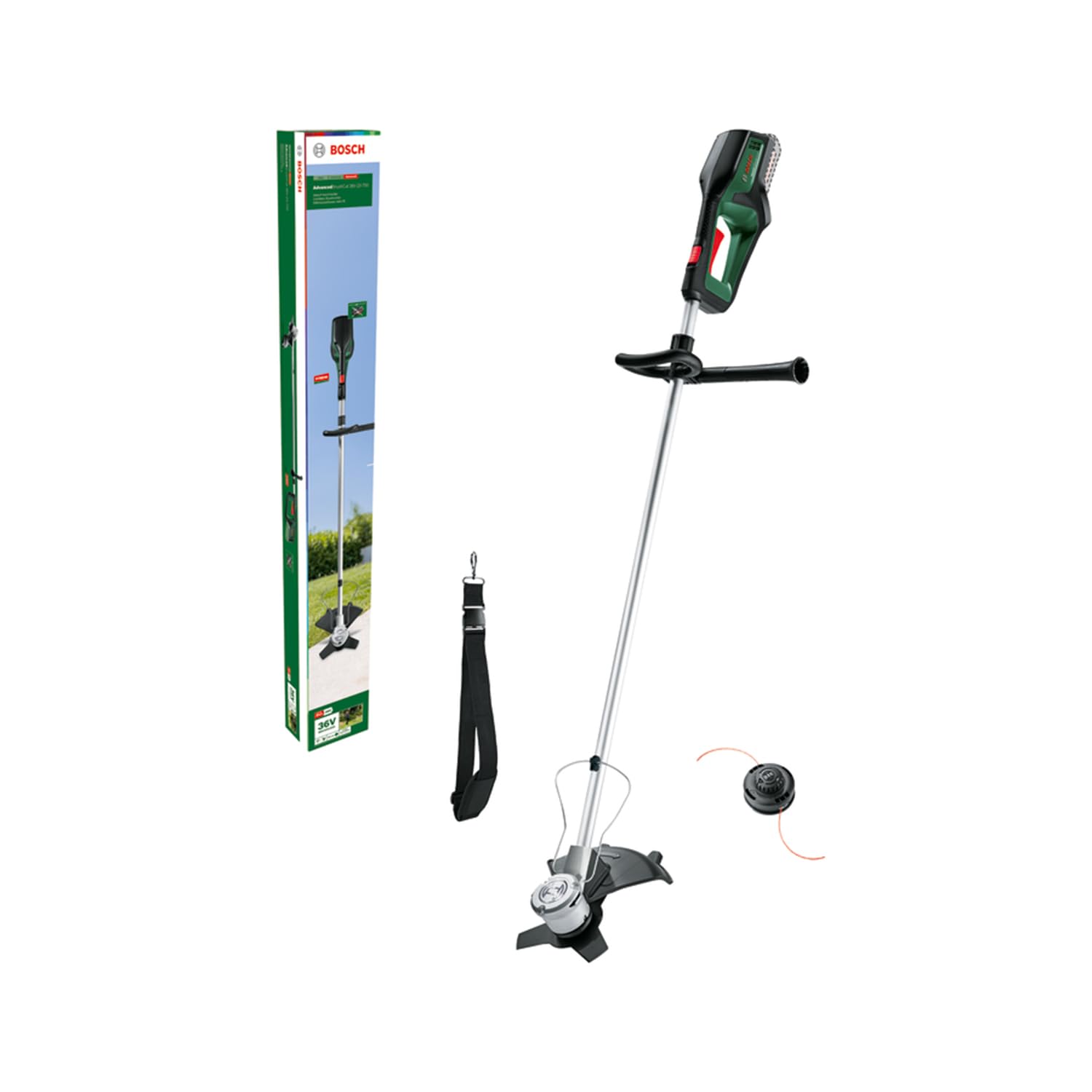 Bosch Decespugliatore AFS 23-37, Lama a 3 taglienti, bobina per fili da taglio, 3 fili da taglio, impugnatura supplementare, cuffia di protezione, confezione in cartone, potenza 1000 Watt