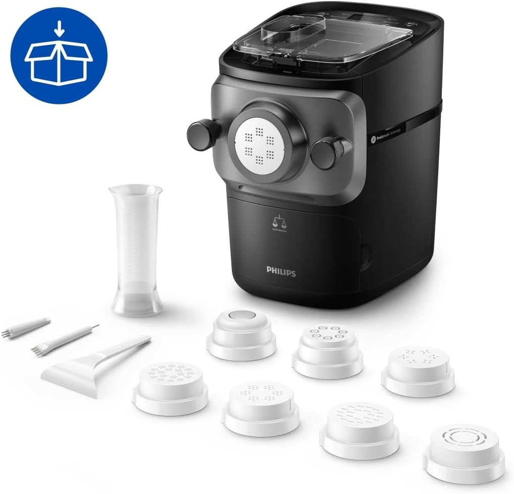 Philips Serie 7000 Macchina per la Pasta - Tecnologia ProExtrude, Pesatura Automatica, 8 Trafile, Impasto Perfetto, Facile da Pulire, Fino a 8 Porzioni, Nero (HR2665/93)