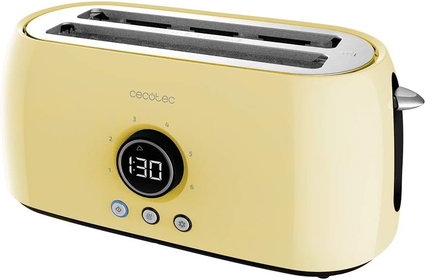 Cecotec ClassicToast 15000 Tostapane digitale extra doppio giallo 1500 W, 2 slot extra larghi per 4 toast, display digitale, 3 funzioni, aste superiori, design retrò, colore giallo