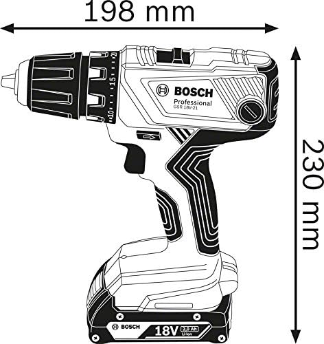 Bosch Professional Trapano avvitatore a batteria 18 V GSR 18 V-21 (max. coppia: 55 Nm, incl. 2 batterie da 2,0 Ah, caricatore GAL 18 V-20, custodia a L-case)