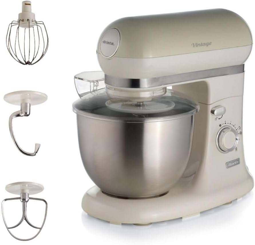 Ariete 1588 Impastatrice Planetaria - Pane, pizza e dolci - 7 Velocità - 3 Fruste - 5,5 Litri - Acciaio Inox - 2400 Watt - Linea Vintage - Beige