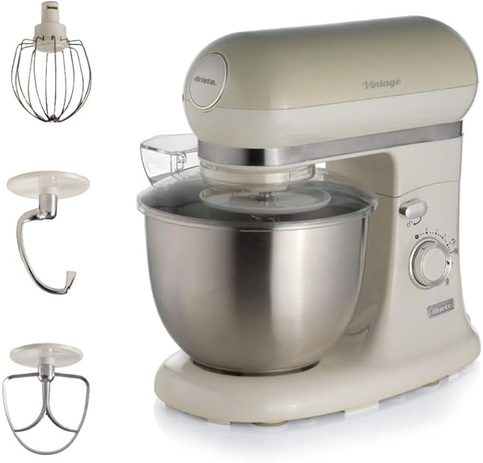 Ariete 1588 Impastatrice Planetaria - Pane, pizza e dolci - 7 Velocità - 3 Fruste - 5,5 Litri - Acciaio Inox - 2400 Watt - Linea Vintage - Beige