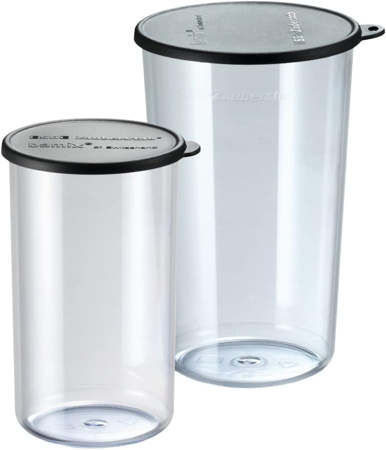 bamix Set di 2 bicchieri dosatori da 400 ml/600 ml, in plastica, resistenti al calore, con coperchio, trasparenti, lavabili in lavastoviglie