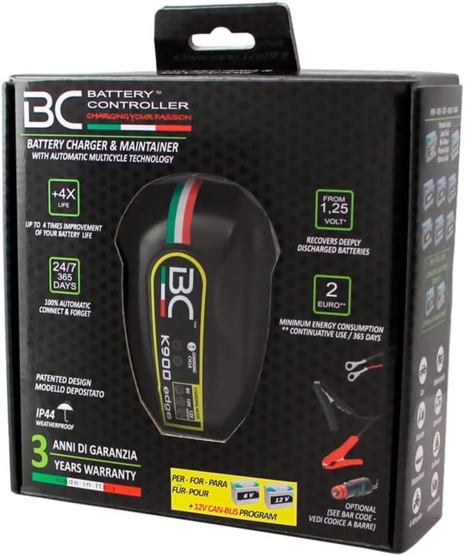 BC Battery Controller K900 EDGE Caricabatterie/Mantenitore Intelligente 1 Amp per BMW, per Batterie 6V/12V/12V CAN-BUS Piombo-Acido, adatto per Moto e Scooter fino a 100Ah