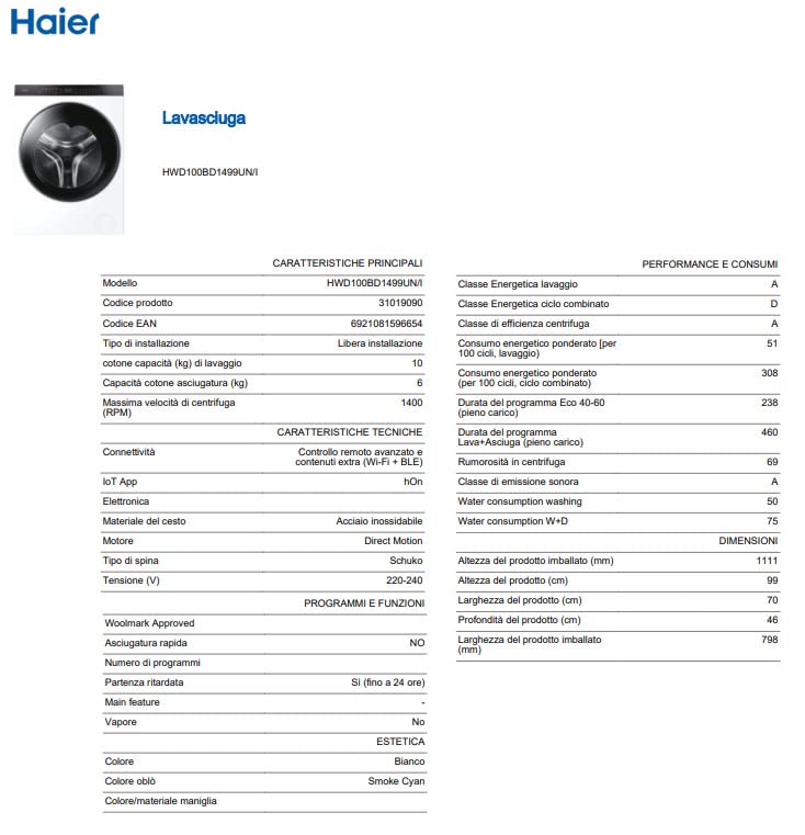 Haier Super Drum Serie 9 Lavasciuga 10+6 Kg, Libera Installazione, 1400 Giri, Classe A/D, Wi-Fi, Controllo App hOn, Avvio Programmabile, Smart Dosing, 65,7 x 70x 99 cm, Bianca - HWD100-BD1499U1N/I