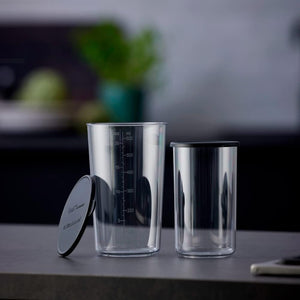 bamix Set di 2 bicchieri dosatori da 400 ml/600 ml, in plastica, resistenti al calore, con coperchio, trasparenti, lavabili in lavastoviglie