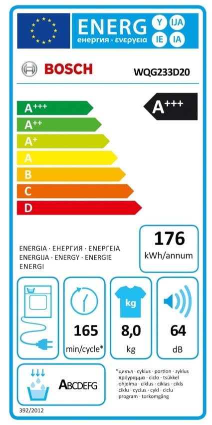 Bosch WQG233D20 - Asciugatrice a pompa di calore per 8 kg, serie 6, A+++, 176 kWh/anno, design anti-vibrazione, sistema di asciugatura sensibile, refrigerante ecologico, bianco, WQG233D20