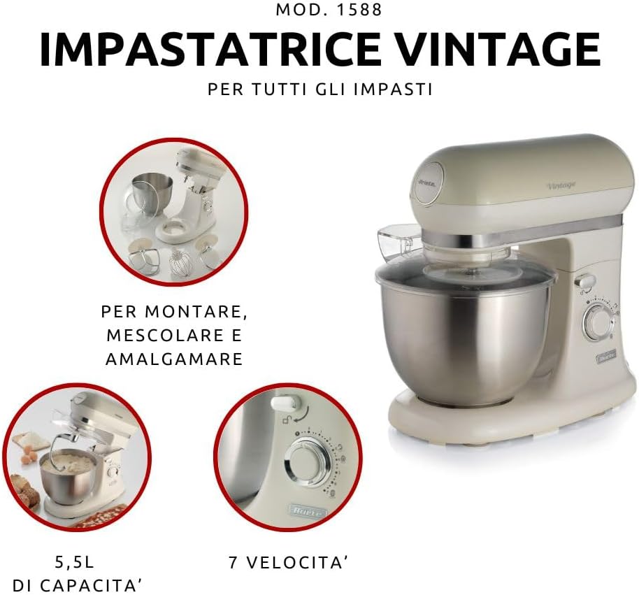 Ariete 1588 Impastatrice Planetaria - Pane, pizza e dolci - 7 Velocità - 3 Fruste - 5,5 Litri - Acciaio Inox - 2400 Watt - Linea Vintage - Beige