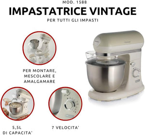 Ariete 1588 Impastatrice Planetaria - Pane, pizza e dolci - 7 Velocità - 3 Fruste - 5,5 Litri - Acciaio Inox - 2400 Watt - Linea Vintage - Beige