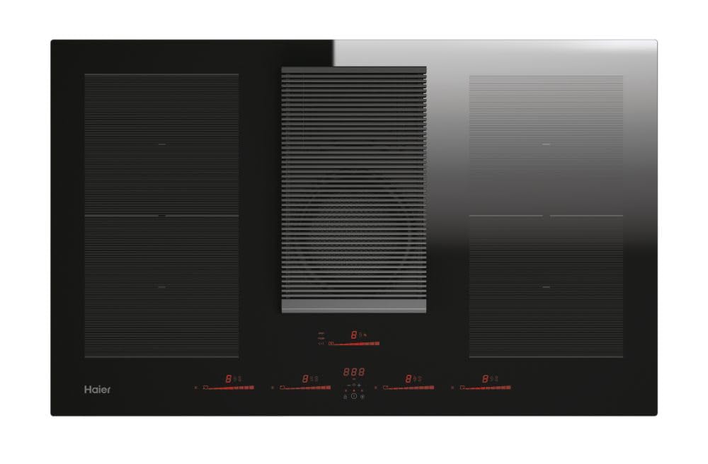 Haier Serie 6 HAIH8IFMCF - Piano cottura a induzione con cappa, 80 cm, funzionamento a ricircolo, funzionamento multi-slider, 4 zone con 2 zone flessibili, 9 livelli di potenza, incluso