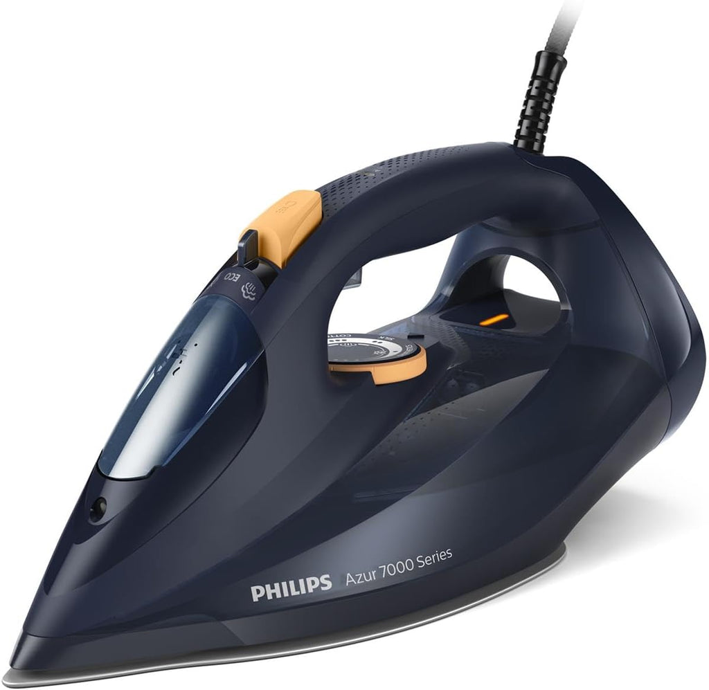 Philips Azur Serie 7000 Ferro da stiro a vapore - 3000 W, Vapore Continuo 55g/min, Colpo vapore da 250 g, vapore verticale, piastra SteamGlide Elite, Blu/Giallo (DST7060/20)