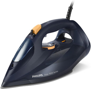 Philips Azur Serie 7000 Ferro da stiro a vapore - 3000 W, Vapore Continuo 55g/min, Colpo vapore da 250 g, vapore verticale, piastra SteamGlide Elite, Blu/Giallo (DST7060/20)