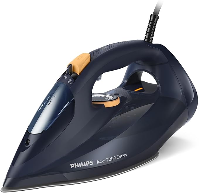 Philips Azur Serie 7000 Ferro da stiro a vapore - 3000 W, Vapore Continuo 55g/min, Colpo vapore da 250 g, vapore verticale, piastra SteamGlide Elite, Blu/Giallo (DST7060/20)
